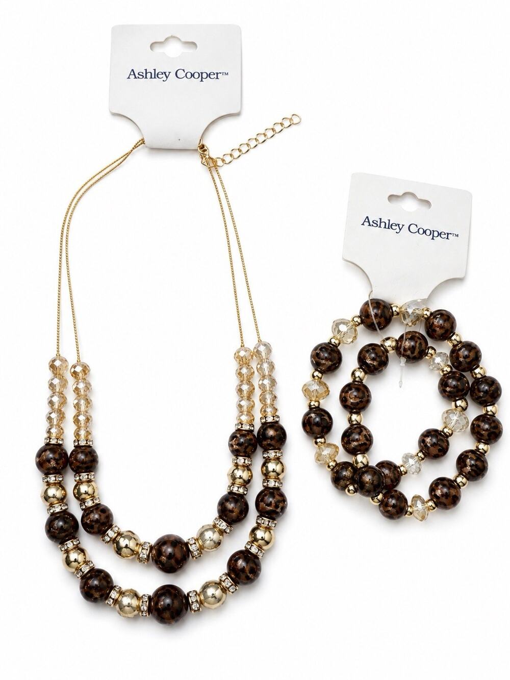 ASHLEY COOPER LEOPARD BEADED DOUBLE STRAND NECKLACE 2 BRACELET SET GOLD TONE